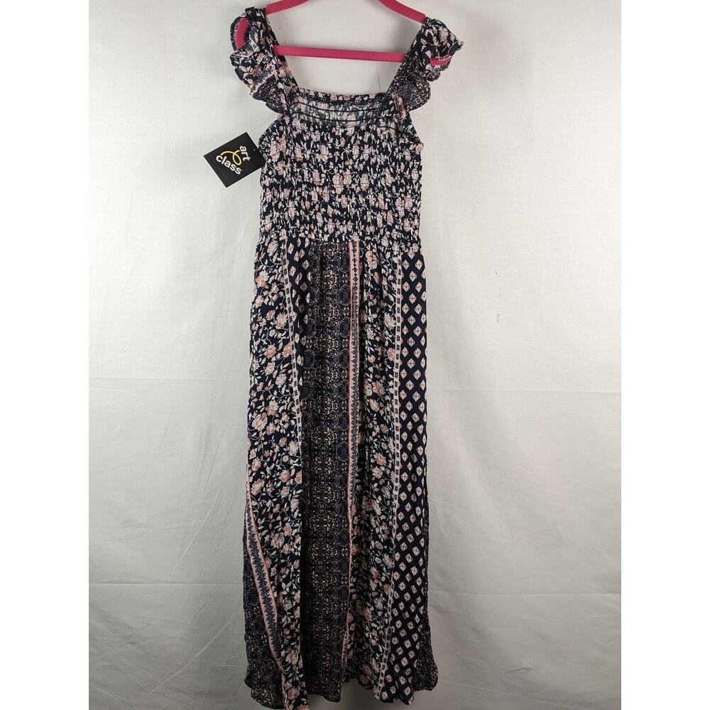 Romper Ruffle Smocked Walk Through Navy Floral Dress Art Class M 7/8 Pink Flower - Picture 6 of 9
